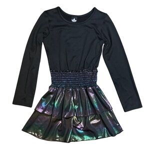 Pixielane Black Smocked Dress with Rainbow Foil skirt Girls size 6 like new